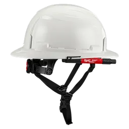 White hard hat with black adjustable straps and a red Milwaukee INKZALL Double-Sided Black Jobsite Marker – Ultra Fine & Fine Point clipped to the side. The marker has dual tips for fine and ultra-fine writing on job sites.