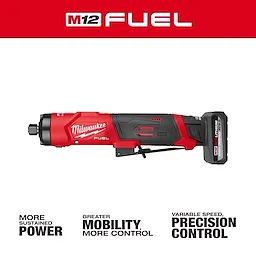M12 FUEL 1/4" Straight Die Grinder displayed horizontally with attached battery pack on a white background.