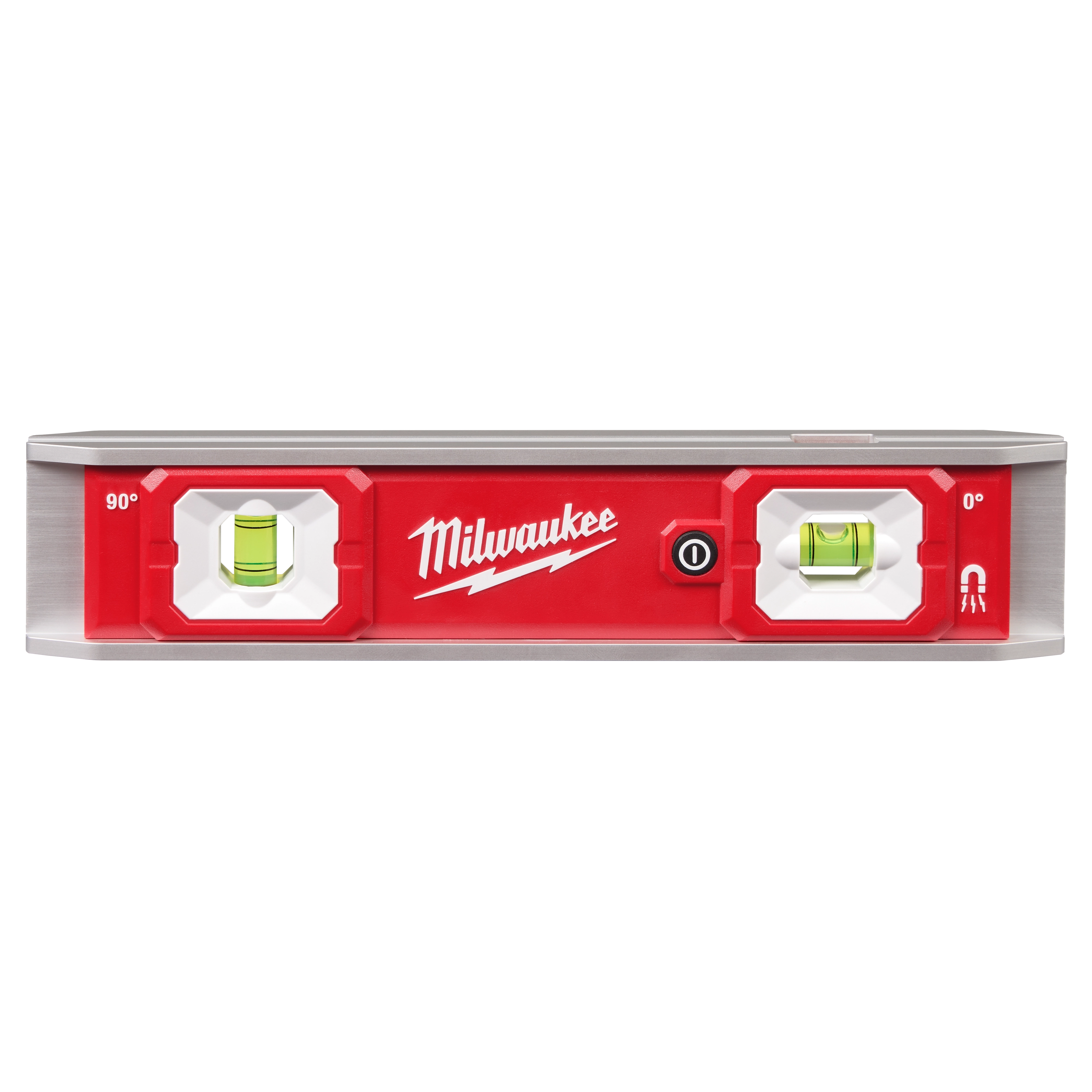 Image of a 9" Torpedo Level with Lighted Vials. The level has a red body with "Milwaukee" branding in white. It features lighted vials at 90° and 0° angles for measurement accuracy, with a light switch in the center.