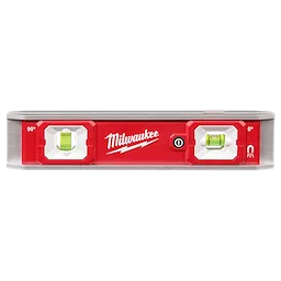 Image of a 9" Torpedo Level with Lighted Vials. The level has a red body with "Milwaukee" branding in white. It features lighted vials at 90° and 0° angles for measurement accuracy, with a light switch in the center.
