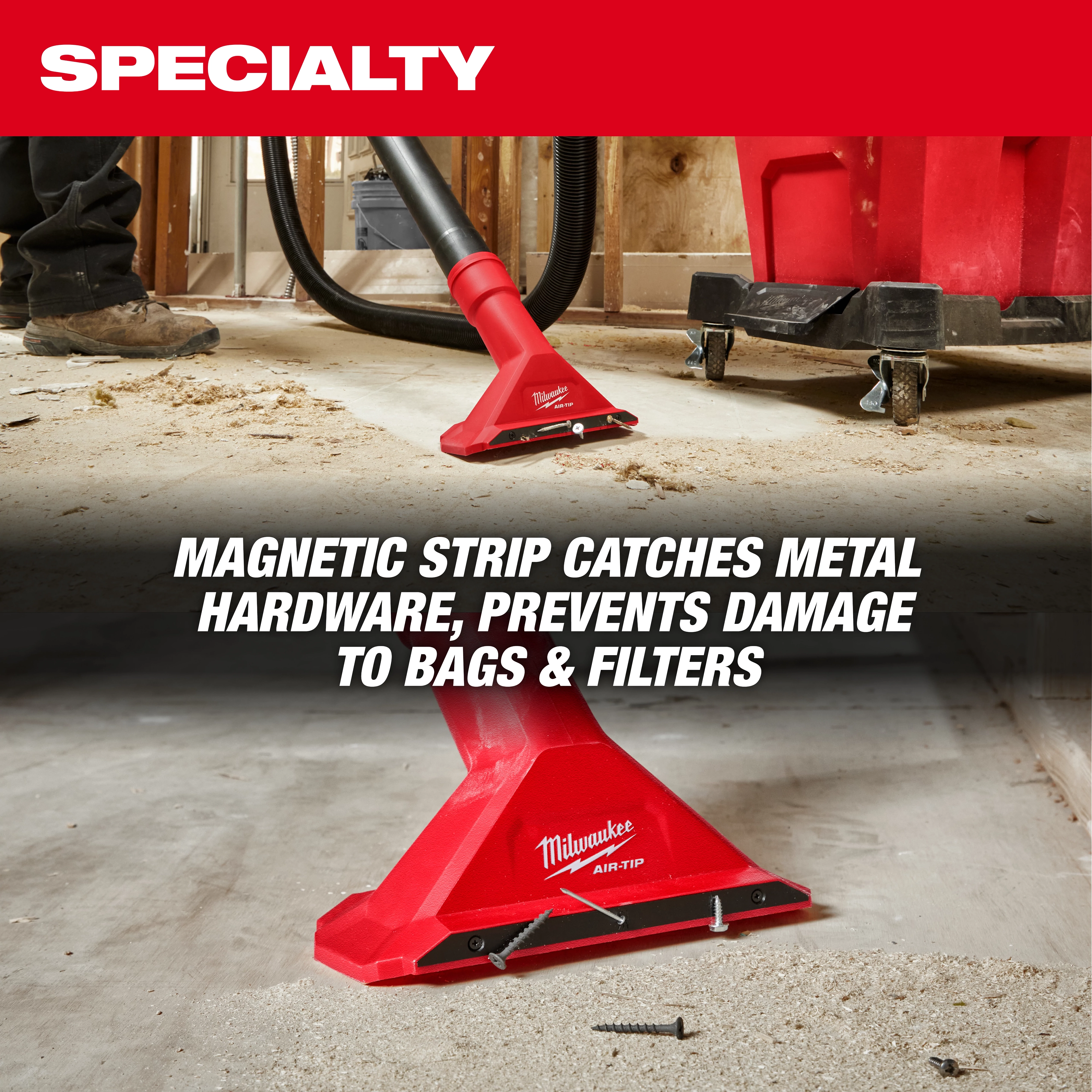 The image shows a red AIR-TIP™ 2 1/2" Magnetic Utility Nozzle in a construction setting. The nozzle has a magnetic strip to catch metal hardware, preventing damage to bags and filters. The text overlay reads, "MAGNETIC STRIP CATCHES METAL HARDWARE, PREVENTS DAMAGE TO BAGS & FILTERS."