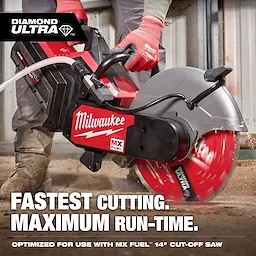 A person is using a Milwaukee MX Fuel 14" cut-off saw equipped with a red DIAMOND ULTRA™ Segmented Turbo, General Purpose Diamond Blade to cut through a material. The text on the image highlights "FASTEST CUTTING. MAXIMUM RUN-TIME." and mentions optimization for use with the MX Fuel 14" cut-off saw.