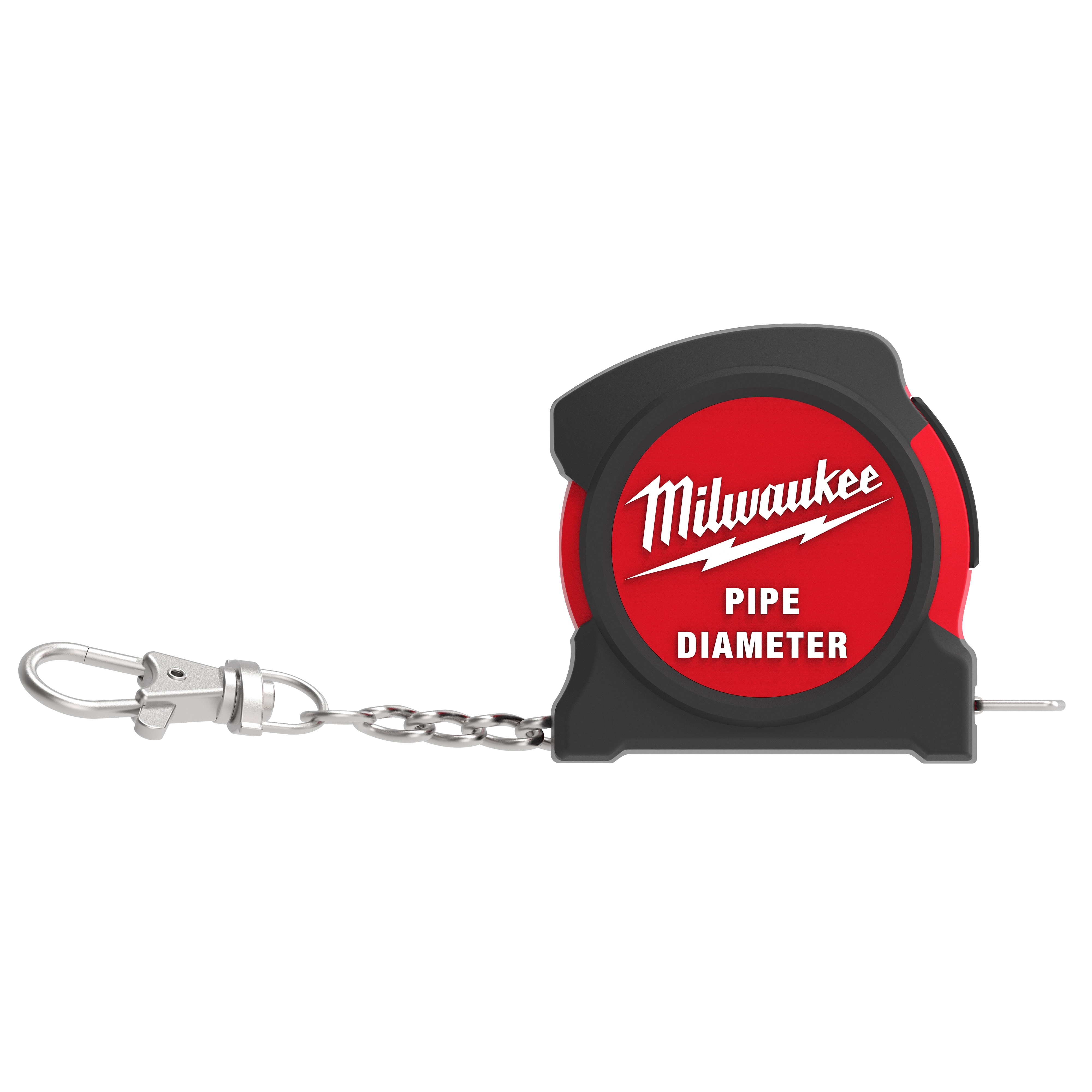 A Milwaukee Pipe Diameter Tape Measure, featuring a red circular label with the brand name and "PIPE DIAMETER" text. The tape measure has a keychain attached.
