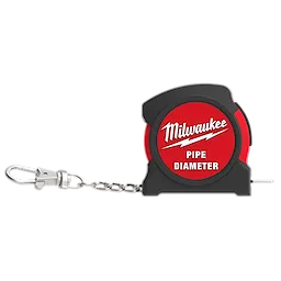 A Milwaukee Pipe Diameter Tape Measure, featuring a red circular label with the brand name and "PIPE DIAMETER" text. The tape measure has a keychain attached.