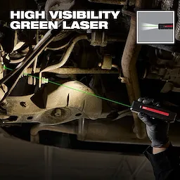 Milwaukee Rechargeable Flat Flashlight w/ Green Laser projecting a beam onto vehicle undercarriage components.