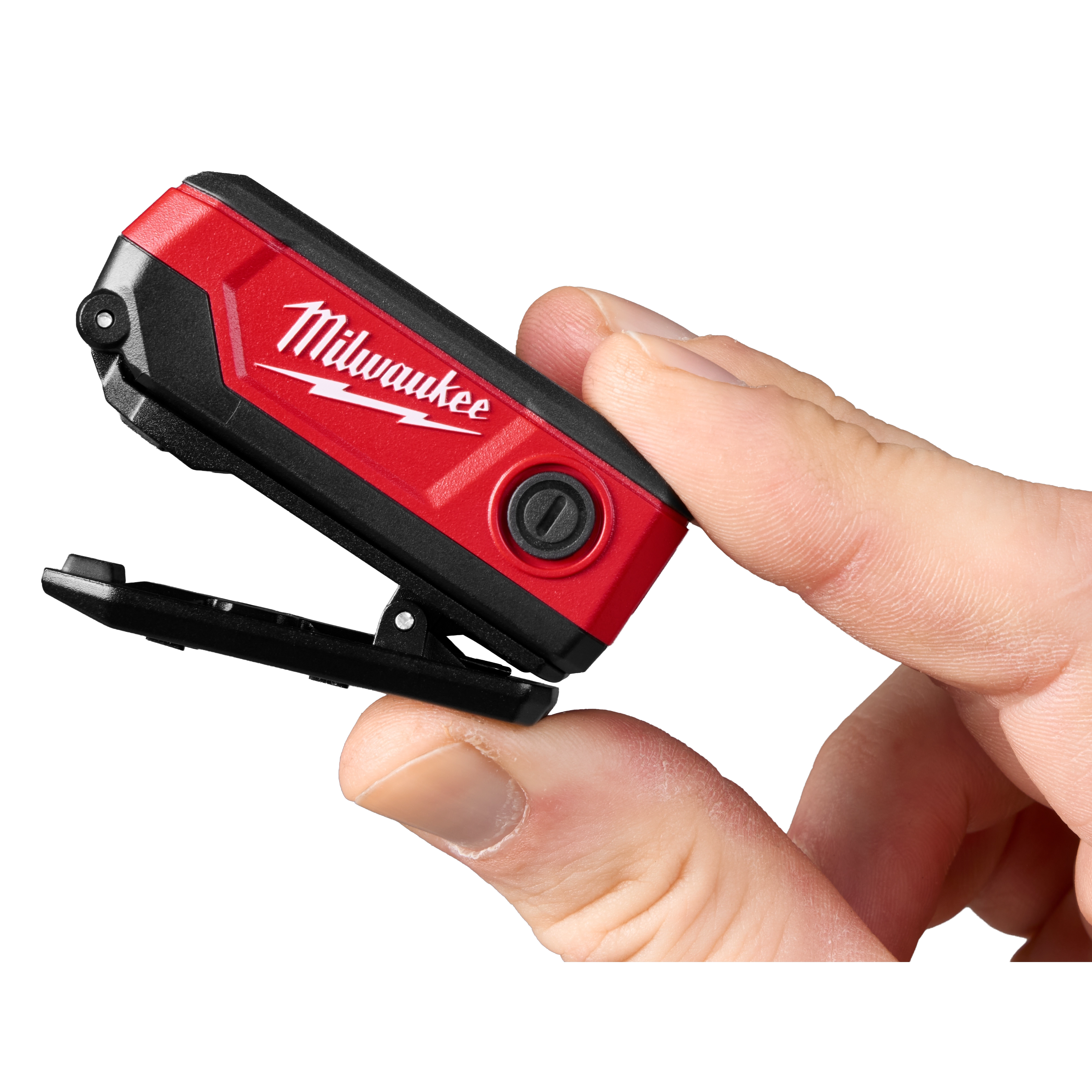 Milwaukee Rechargeable Clip Light held between two fingers. The compact, red, and black clip light features a power button.