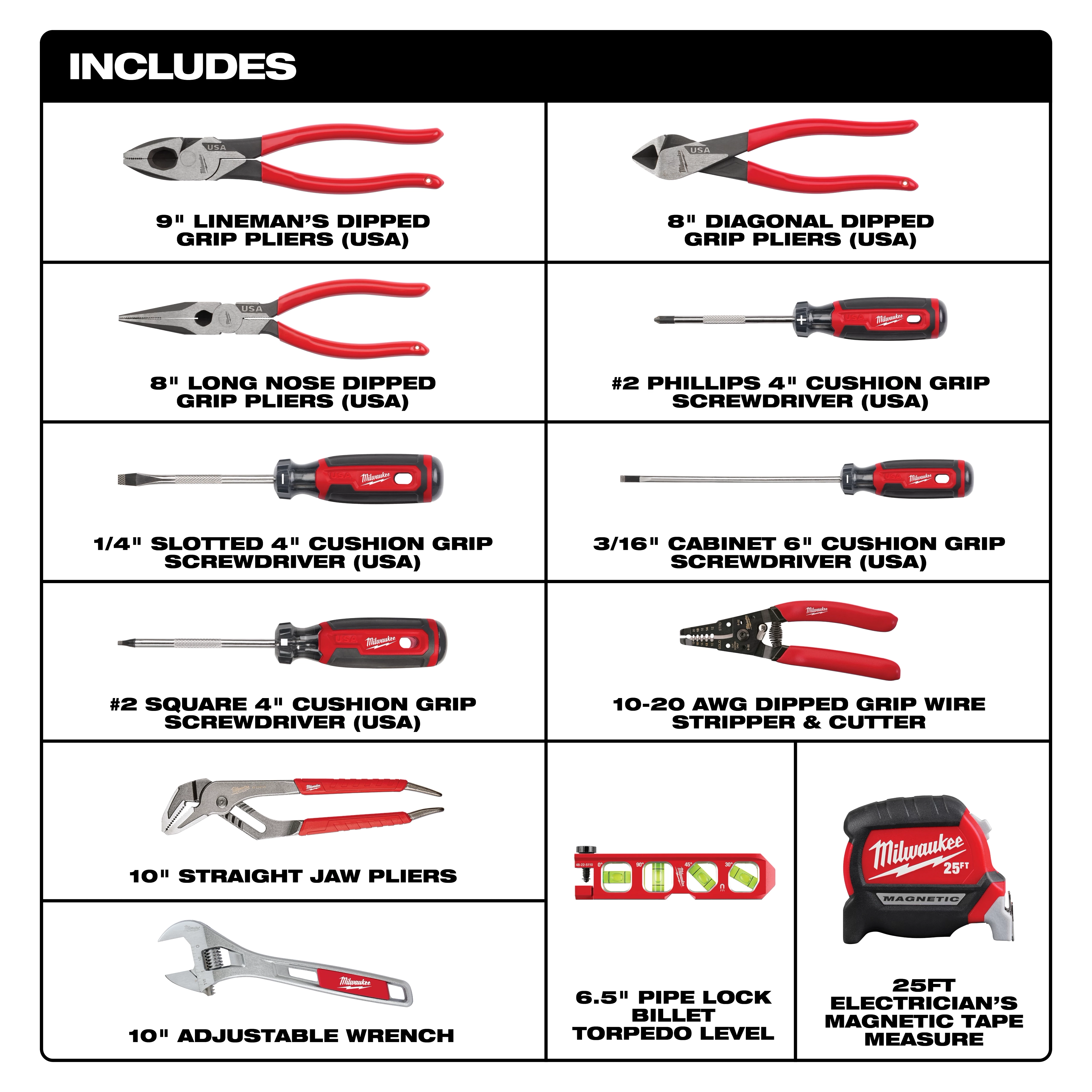 The product image displays the 12 PC. Electrical Hand Tool Set, which includes pliers, screwdrivers, wire stripper and cutter, straight jaw pliers, adjustable wrench, pipe lock billet torpedo level, and a 25-foot electrician's magnetic tape measure. Each tool is labeled with its type and specifications.