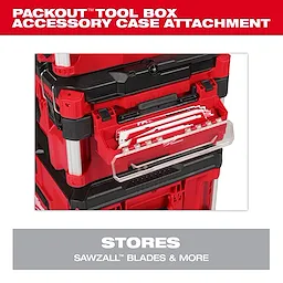 PACKOUT Tool Box Accessory Case Attachment for storing SAWZALL blades and more, shown attached to a red and black toolbox system.