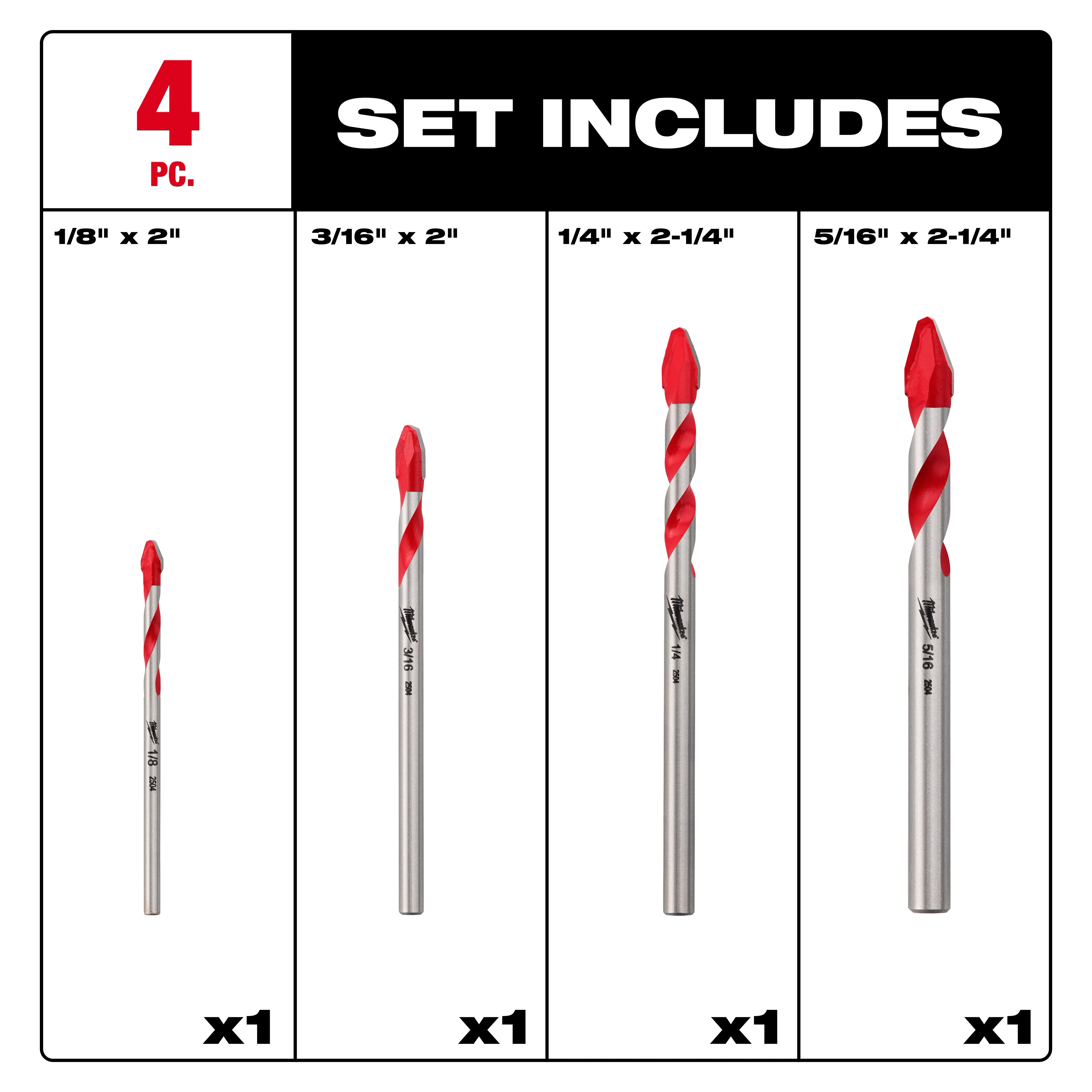4PC Hard Tile and Glass Bit Set displayed with four drill bits of varying sizes in a labeled layout.