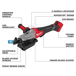 The M18 FUEL™ #10 (1-1/4") Rebar Cutter from Milwaukee is shown with labeled features including a LED worklight, adjustable shoe, paddle switch, and vibration control handle. The red and black tool has three handle locations, RapidStop™ brake, tether, and more, designed for efficient cutting and user comfort.