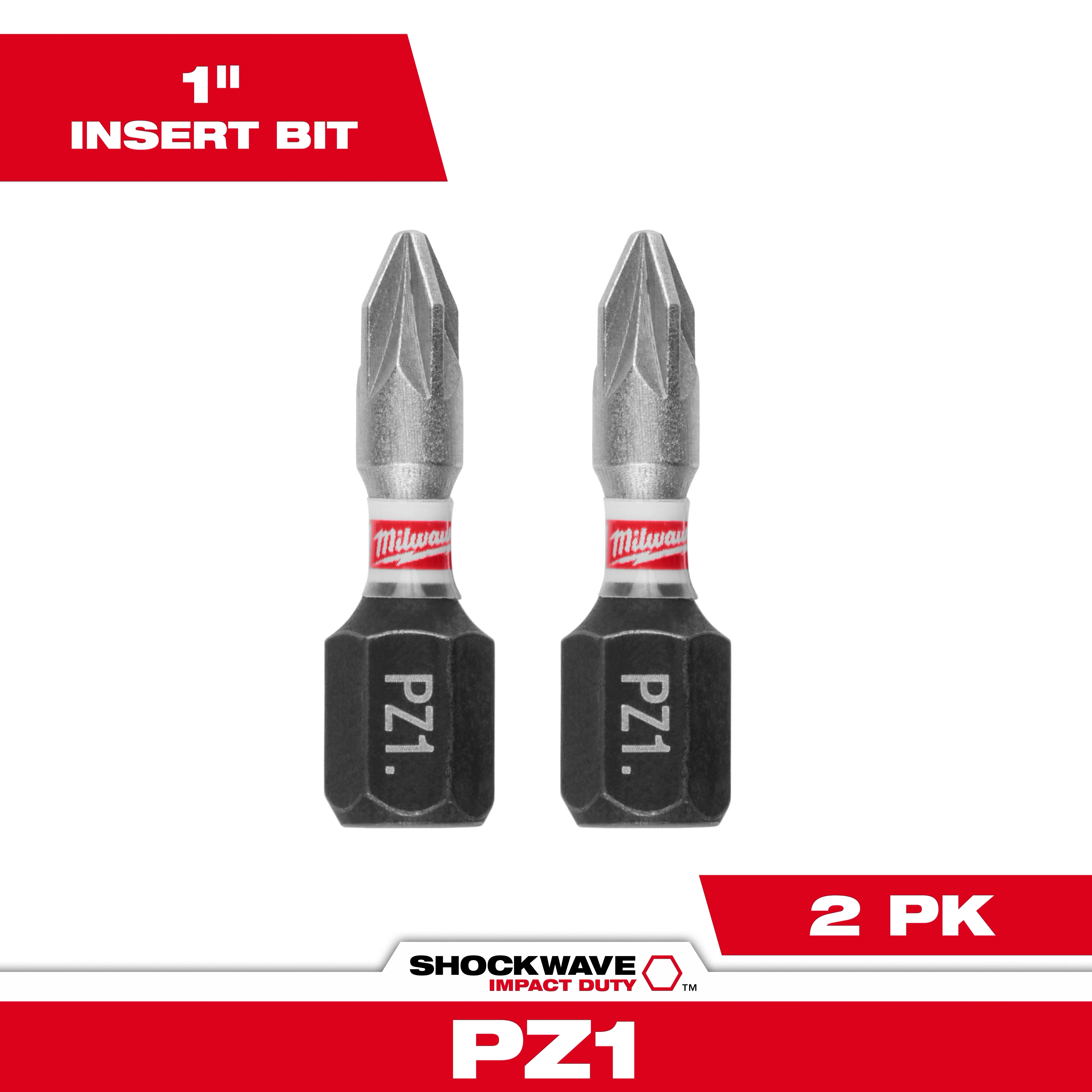 The image shows a pack of two Milwaukee Shockwave Impact Duty PZ1 1-inch insert bits. The bits have a silver tip and black base engraved with "PZ1" and are designed for impact duty applications.