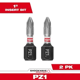 The image shows a pack of two Milwaukee Shockwave Impact Duty PZ1 1-inch insert bits. The bits have a silver tip and black base engraved with "PZ1" and are designed for impact duty applications.