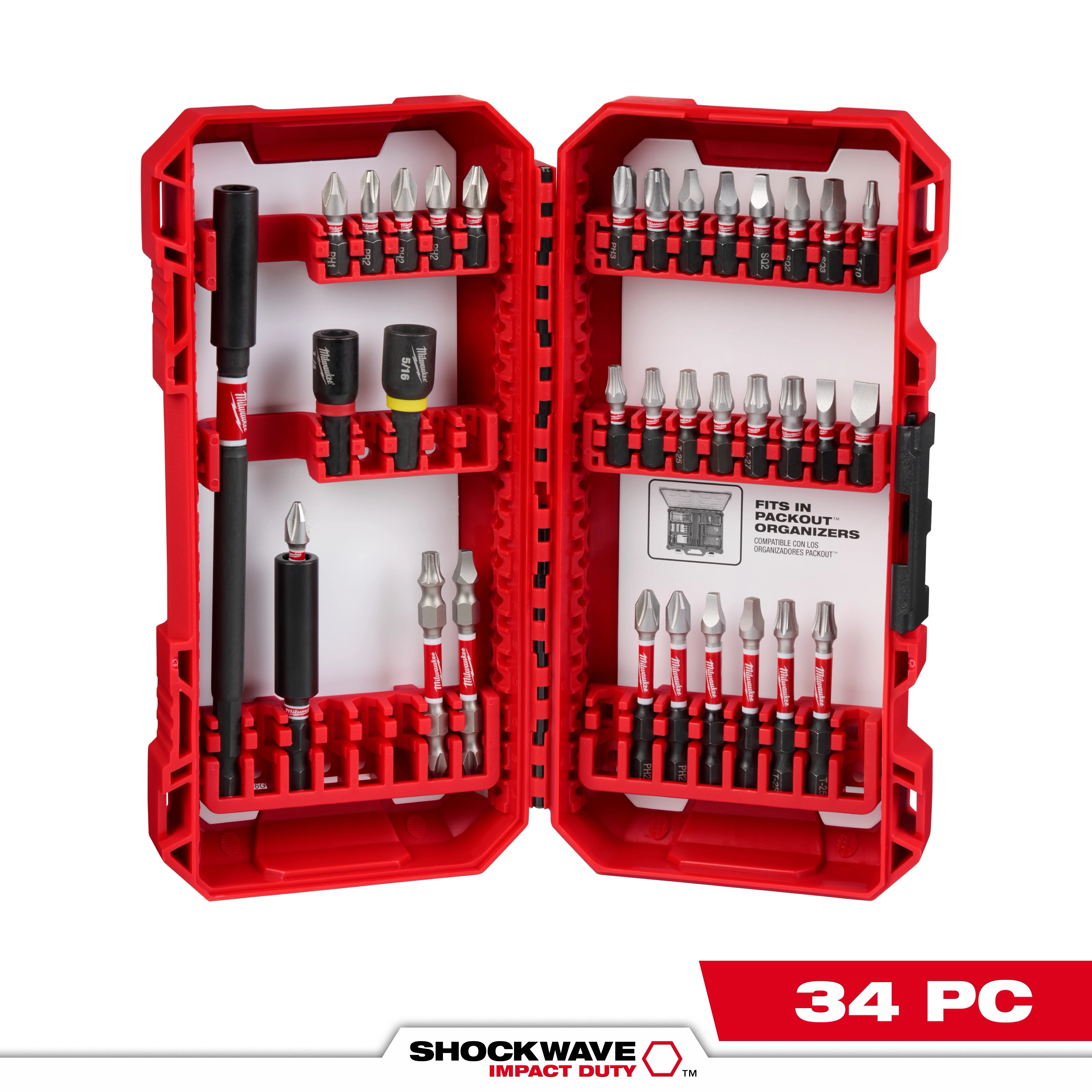 The image shows a red plastic case open to display the SHOCKWAVE™ Impact Duty Driver Bit Set - 34PC. The case contains various driver bits and adapters neatly organized in slots. The product name is shown at the bottom along with "34 PC."