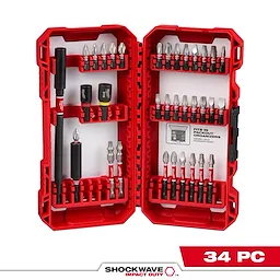 The image shows a red plastic case open to display the SHOCKWAVE™ Impact Duty Driver Bit Set - 34PC. The case contains various driver bits and adapters neatly organized in slots. The product name is shown at the bottom along with "34 PC."