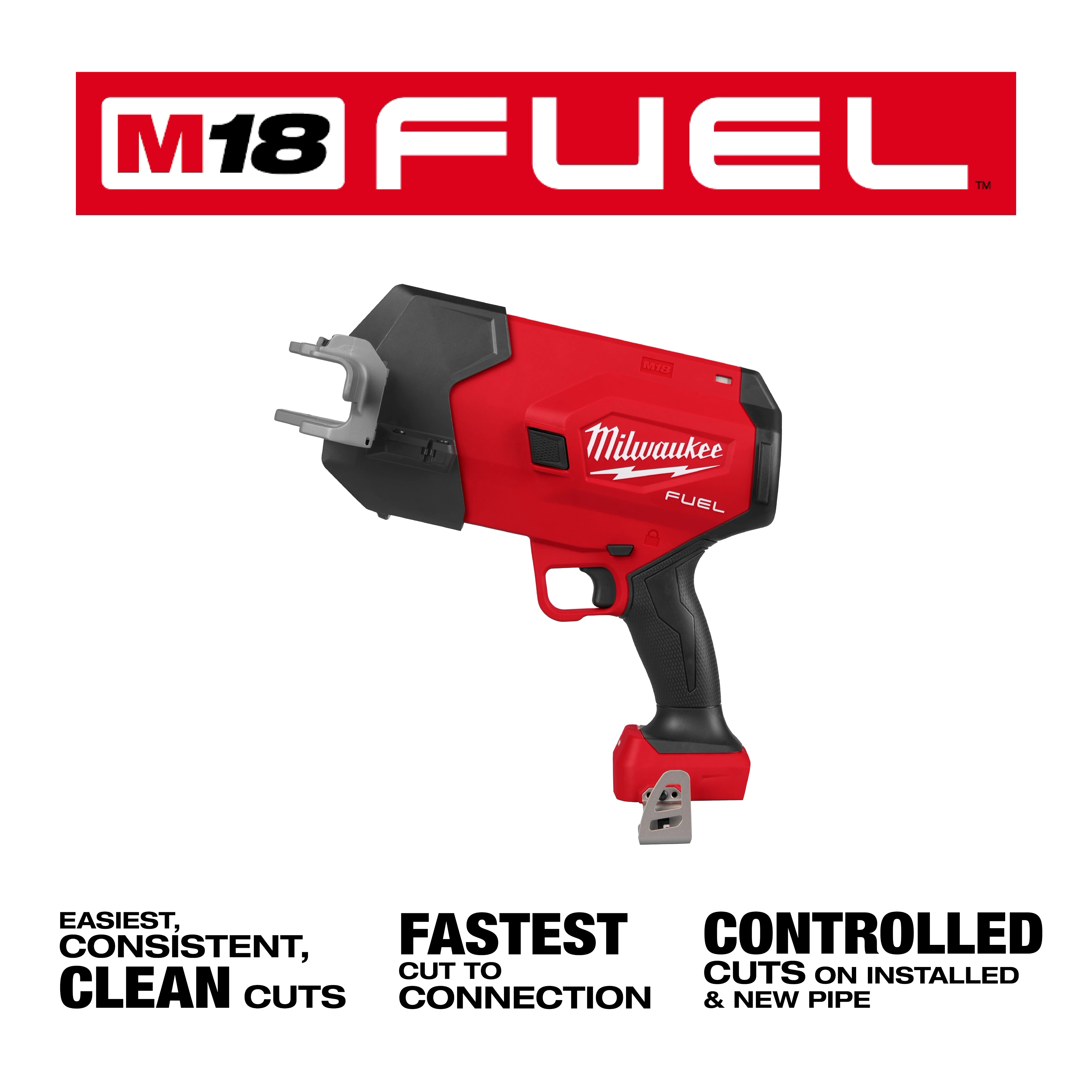 This image features the Milwaukee M18 Fuel pipe cutter. The red and black tool is designed for clean, consistent cuts with fast cut-to-connection and controlled cuts on installed and new pipe. The Milwaukee logo is displayed prominently on the tool's side.