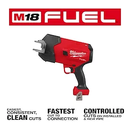 This image features the Milwaukee M18 Fuel pipe cutter. The red and black tool is designed for clean, consistent cuts with fast cut-to-connection and controlled cuts on installed and new pipe. The Milwaukee logo is displayed prominently on the tool's side.