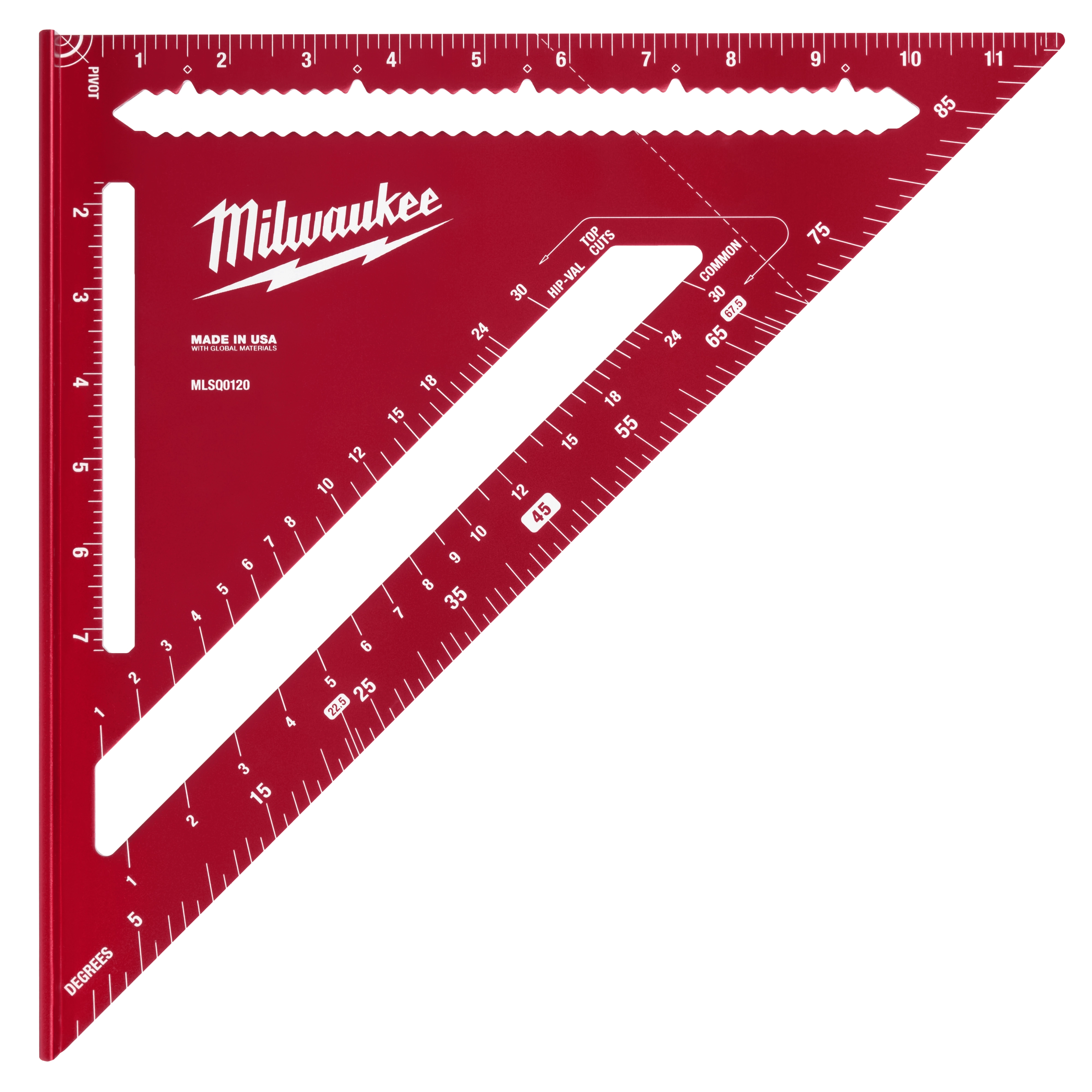 The image shows a 12" Rafter Square by Milwaukee, featuring measurement markings, degree indicators, and various cutouts for scribing. It is red with white text and has an ergonomic design.