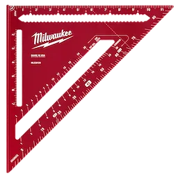 The image shows a 12" Rafter Square by Milwaukee, featuring measurement markings, degree indicators, and various cutouts for scribing. It is red with white text and has an ergonomic design.