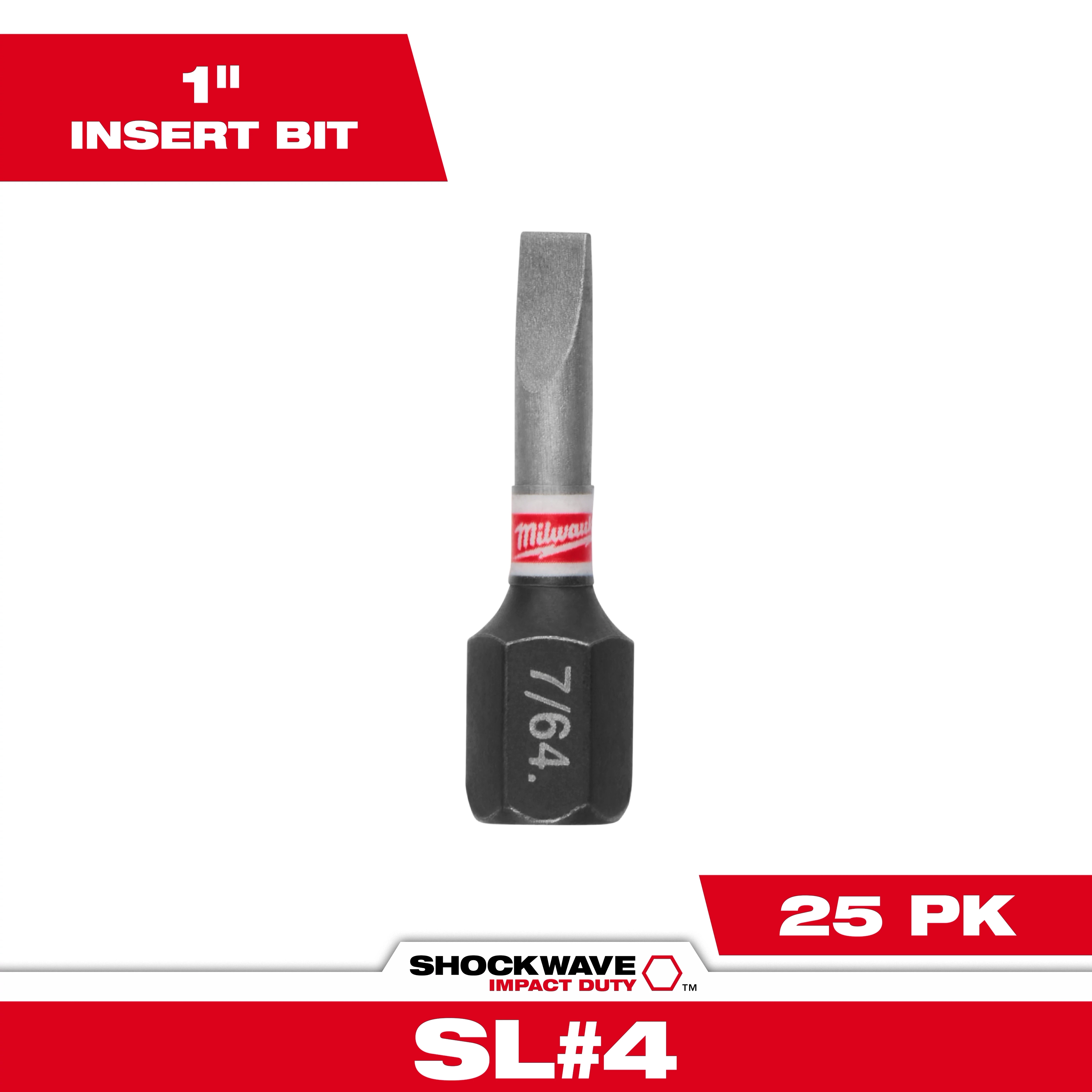 Image of SHOCKWAVE™ 1" Impact Duty Slotted 7/64" Insert Bits (25 PK). It features a single 1-inch slotted bit with a 7/64" slot, labeled "SL#4", and is designed for impact duty. The packaging indicates there are 25 bits in the pack.