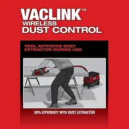 VACLINK Wireless Dust Control system illustration. User operates the M18 FUEL 7-1/4" Rear Handle Circular Saw with ONE-KEY, connected to a dust extractor.
