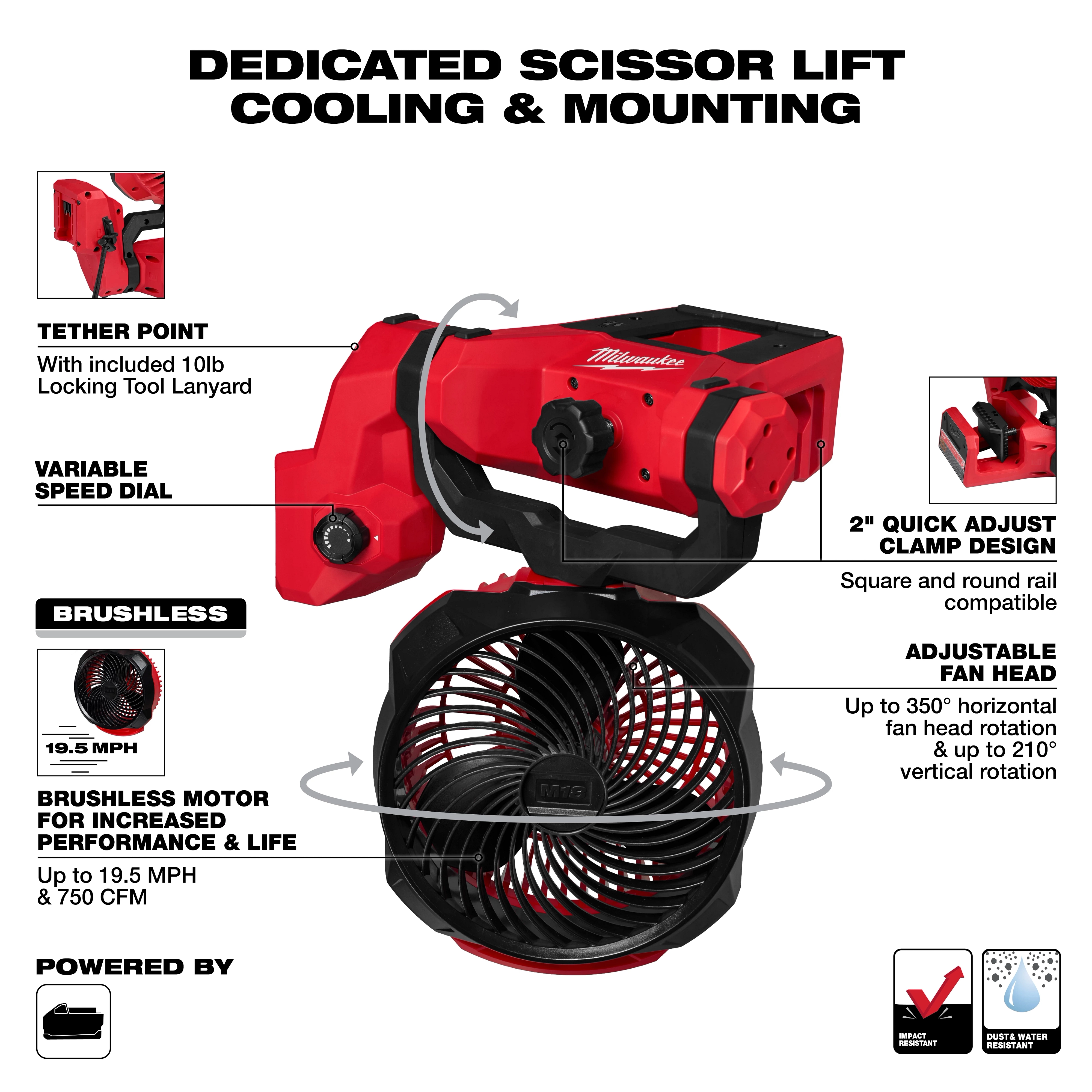 Red M18 Brushless Scissor Lift Fan with adjustable clamp, tether point, variable speed dial, and brushless motor for 19.5 MPH airflow.