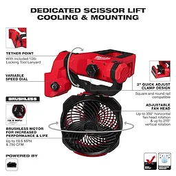 Red M18 Brushless Scissor Lift Fan with adjustable clamp, tether point, variable speed dial, and brushless motor for 19.5 MPH airflow.