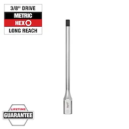 3/8" Drive 6mm Long Hex Bit Socket, featuring long reach design, metric hex compatibility, and lifetime guarantee label displayed.
