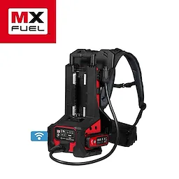 The image features the MX FUEL™ Portable Pump Power Base, a red and black device with a backpack-style harness. It includes control buttons, a digital display, and a connected hose. The MX FUEL™ logo appears in the top left corner.