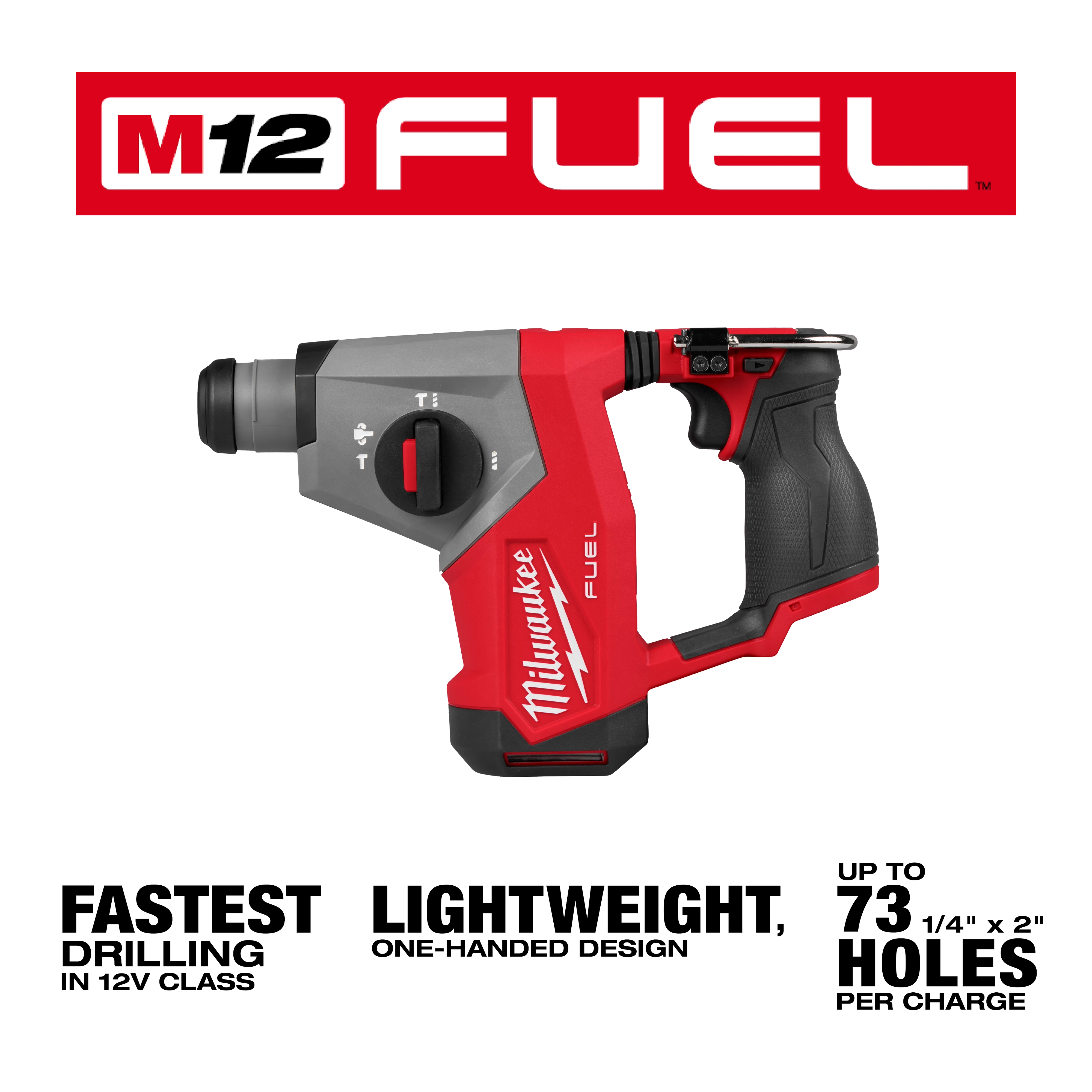 Milwaukee M12 Fuel drill, featuring lightweight design and fastest 12V class drilling, capable of up to 73 holes per charge.