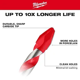 1/8" Hard Tile and Glass Bit, 3/16" Hard Tile and Glass Bit, 1/4" Hard Tile and Glass Bit, 5/16" Hard Tile and Glass Bit, 3/8" Hard Tile and Glass Bit with labeled carbide tip.