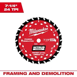 Milwaukee 7-1/4” 24T NITRUS™ Carbide Framing & Demolition Circular Saw Blade. Red, with black and white text highlighting framing and demolition use, 24 teeth, and carbide construction for durability.