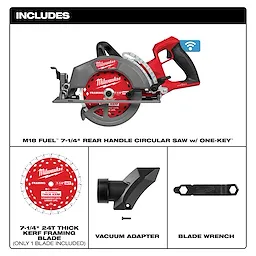 M18 FUEL 7-1/4" Rear Handle Circular Saw w/ ONE-KEY, includes 24T framing blade, vacuum adapter, and blade wrench.