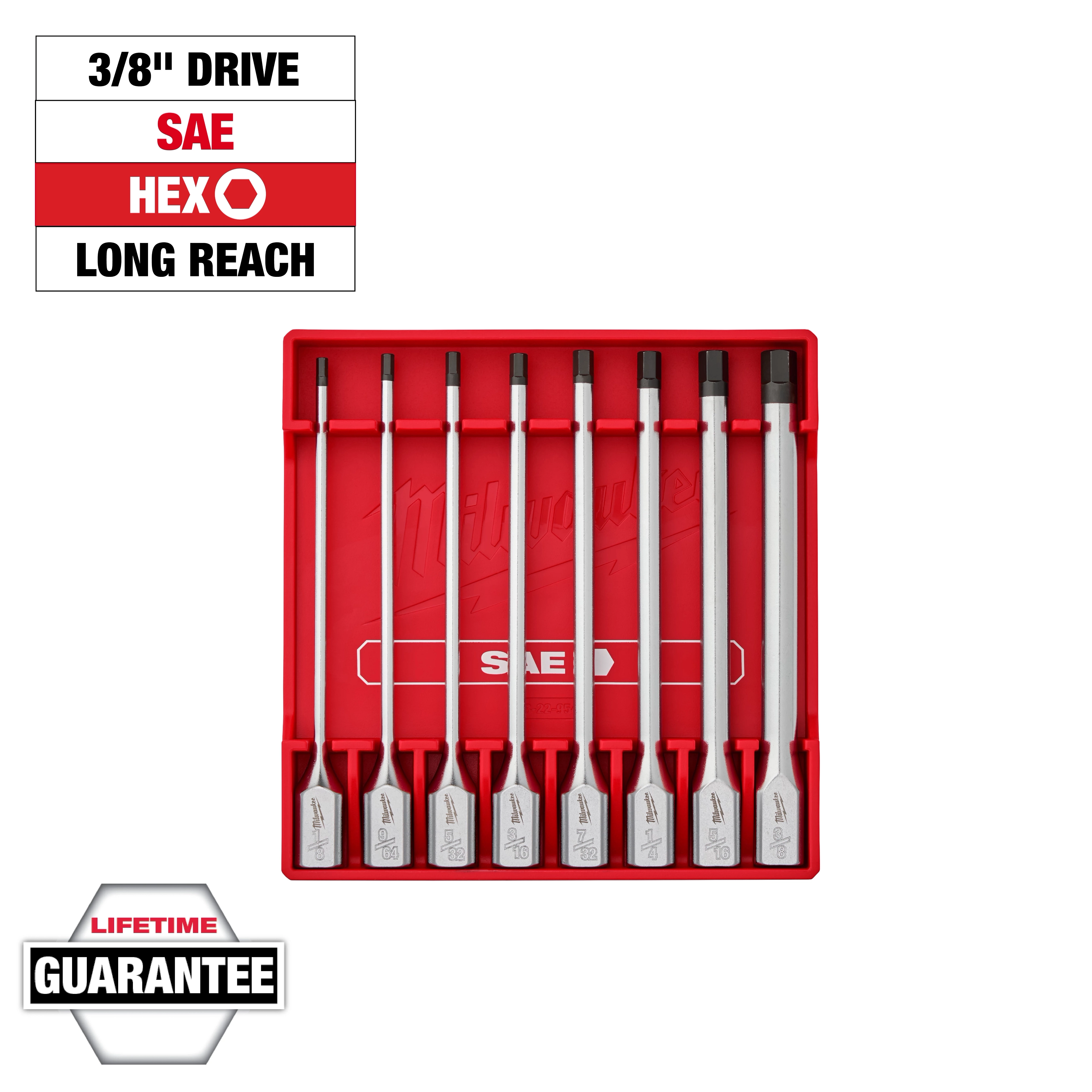 8pc 3/8” Drive Long Hex Bit Socket Set - SAE includes eight long-reach hex bit sockets in a red plastic storage case with labeling.