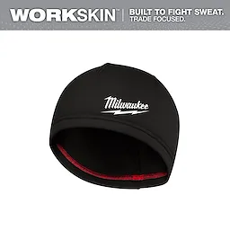 The Milwaukee WORKSKIN black beanie features the Milwaukee logo. It is designed to combat sweat and is trade-focused, offering comfort and functionality for workers.