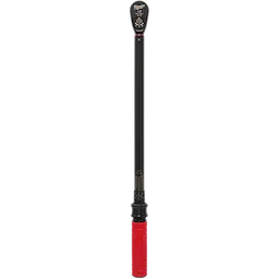 The 1/2" Drive Click Torque Wrench (50-250 FT-LBS) features a sleek black handle with a red grip, a clear measurement scale, and a lever on the head for adjusting torque settings.