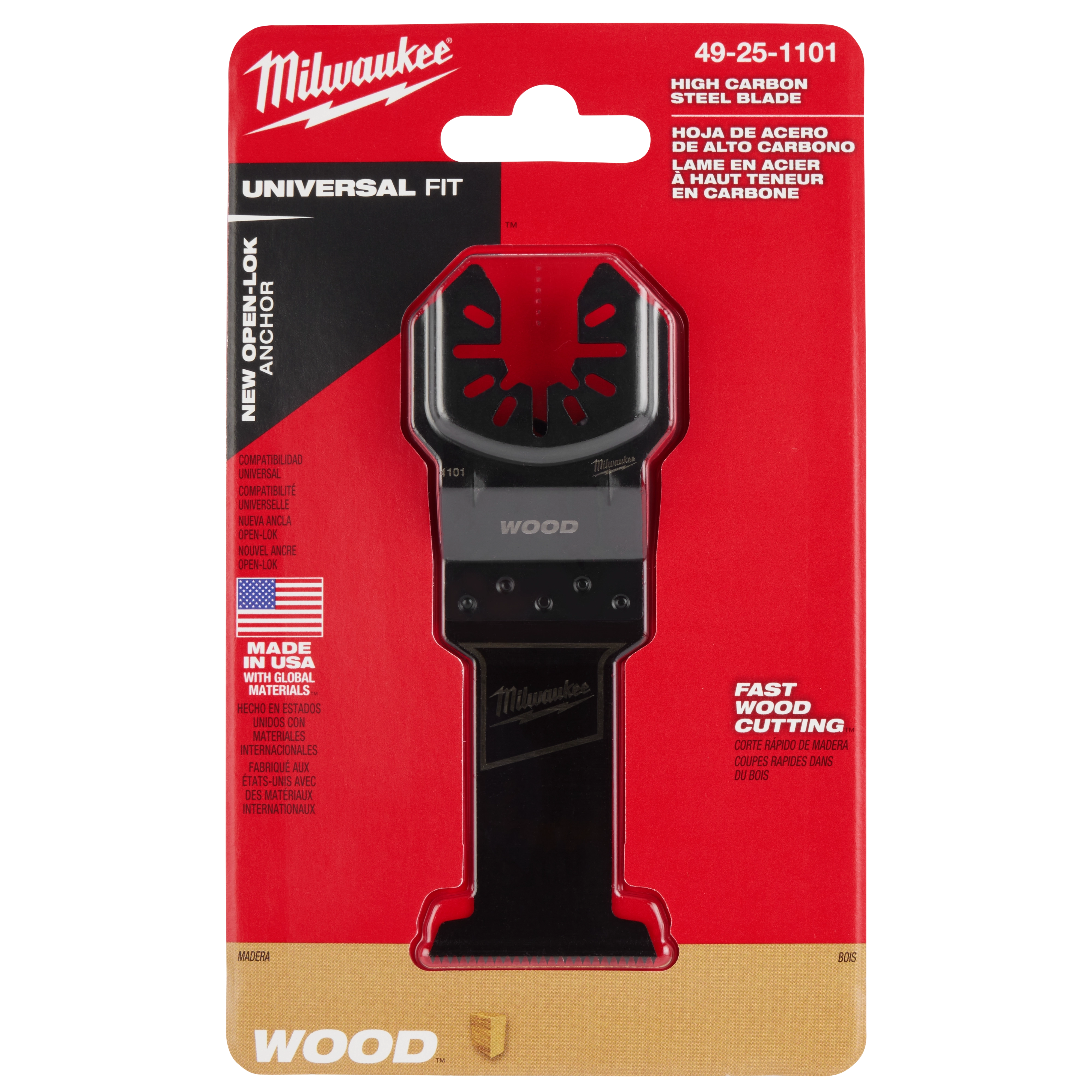 MILWAUKEE OPEN-LOK 1-3/8" HCS Wood Multi-Tool Blade in packaging with red background, suitable for fast wood cutting, universal fit.