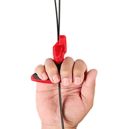 A hand gripping a red and black tool with a cable running through it.