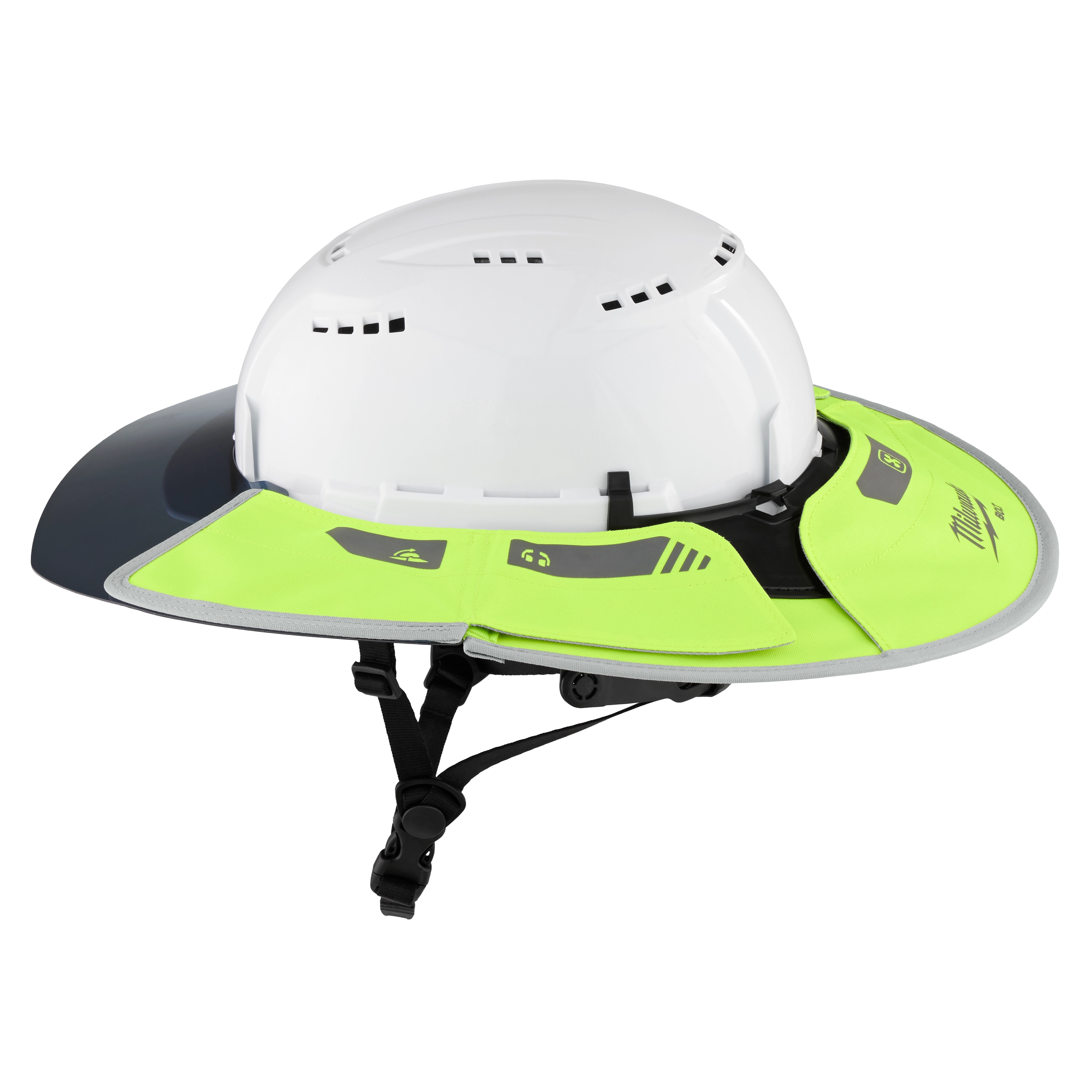 A white hard hat with a Milwaukee BOLT Sun Visor attachment in bright neon yellow and black. The helmet features ventilation slots and adjustable chin straps for a secure fit. The design is intended for enhanced visibility and sun protection while maintaining the safety features of a standard hard hat.