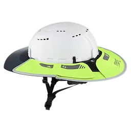 A white hard hat with a Milwaukee BOLT Sun Visor attachment in bright neon yellow and black. The helmet features ventilation slots and adjustable chin straps for a secure fit. The design is intended for enhanced visibility and sun protection while maintaining the safety features of a standard hard hat.