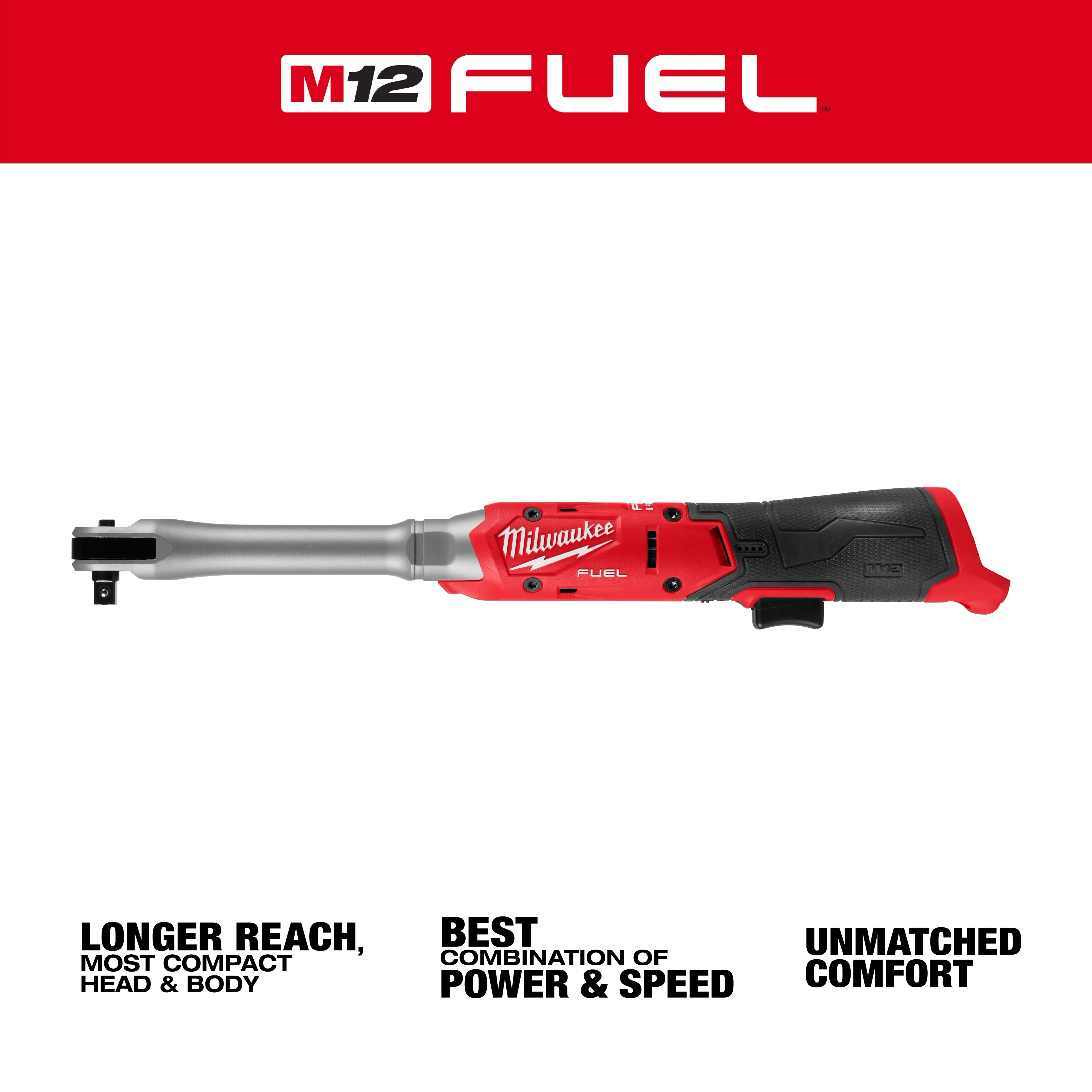 M12 FUEL 3/8" Extended Reach Ratchet displayed horizontally with text highlighting reach, power, speed, and comfort.