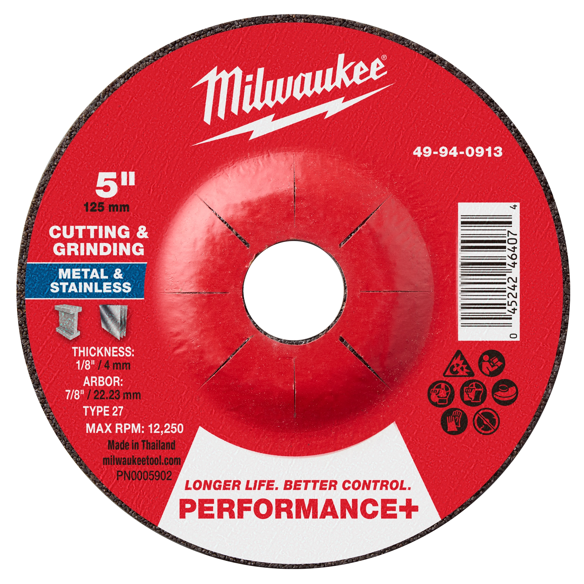 5"x1/8"x7/8" Performance+ Dual Metal Cut & Grind Wheel, Type 27, for cutting and grinding metal and stainless, with 12,250 RPM max.