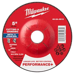5"x1/8"x7/8" Performance+ Dual Metal Cut & Grind Wheel, Type 27, for cutting and grinding metal and stainless, with 12,250 RPM max.
