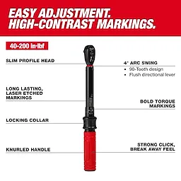 1/4” Drive Click Torque Wrench (40-200 in·lbf) features a slim profile head, 4° arc swing, locking collar, and knurled handle.