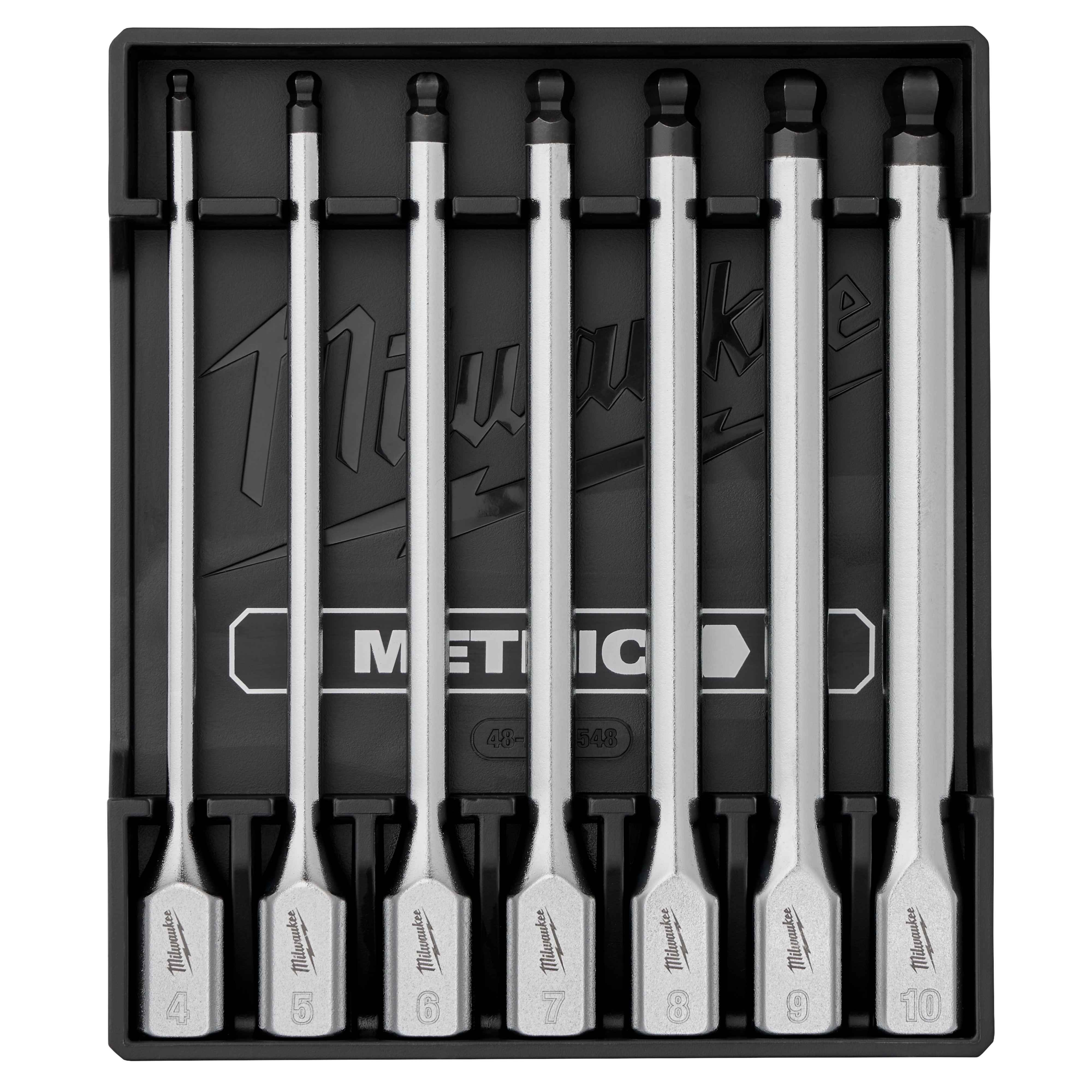 The 7pc 3/8” Drive Long Ball End Hex Bit Socket Set - Metric includes seven long hex bit sockets ranging from 4mm to 10mm, neatly organized in a black case with labeled slots for each size.