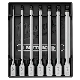 The 7pc 3/8” Drive Long Ball End Hex Bit Socket Set - Metric includes seven long hex bit sockets ranging from 4mm to 10mm, neatly organized in a black case with labeled slots for each size.