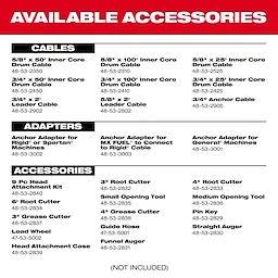 The image lists available accessories for the MX FUEL Sewer Drum Machine, including cables, adapters, and various attachments with their part numbers.