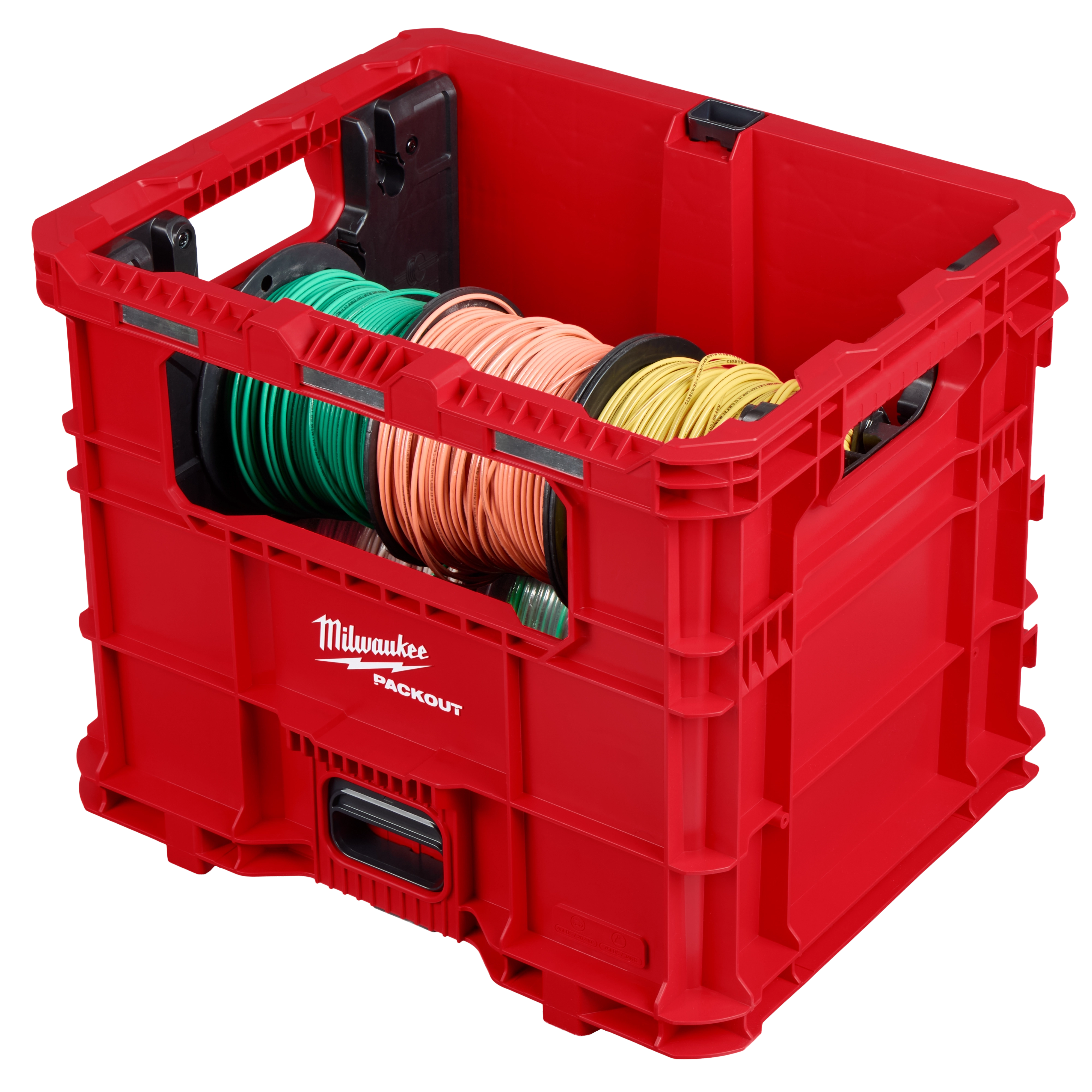 The PACKOUT Wire Pulling XL Crate is a red, heavy-duty storage crate with integrated handles and interior supports, designed for organizing spooled wires of various colors. Its stackable design features the Milwaukee logo on the front.