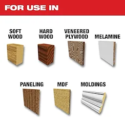 Soft Wood, Hard Wood, Veneered Plywood, Melamine, Paneling, MDF, and Moldings are displayed under the text "For Use In".
