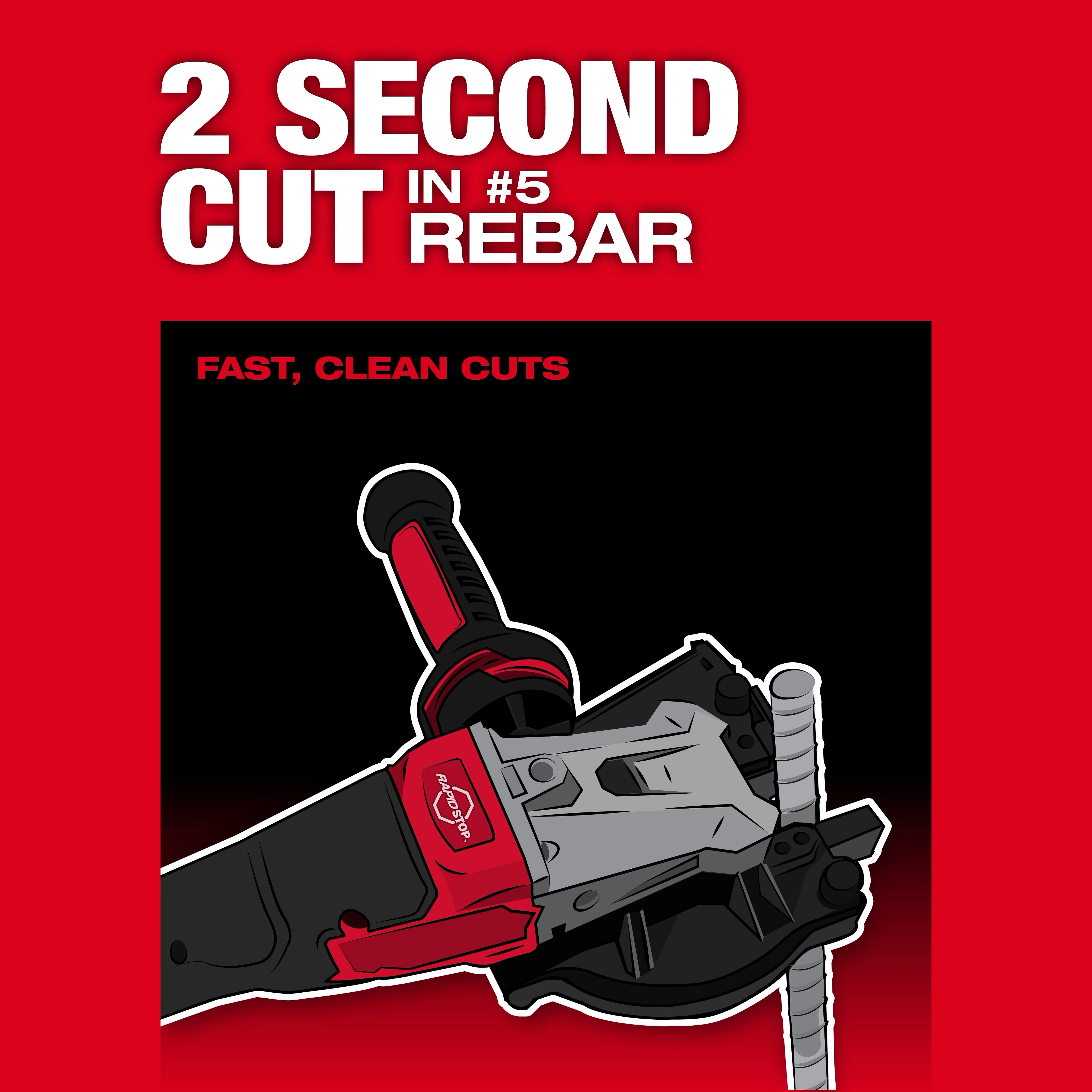 The image shows an M18 FUEL™ #10 (1-1/4") Rebar Cutter making a clean cut through rebar. The text above reads, "2 Second Cut in #5 Rebar" and "Fast, Clean Cuts." The rebar cutter is depicted in red, black, and gray colors.