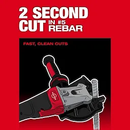 The image shows an M18 FUEL™ #10 (1-1/4") Rebar Cutter making a clean cut through rebar. The text above reads, "2 Second Cut in #5 Rebar" and "Fast, Clean Cuts." The rebar cutter is depicted in red, black, and gray colors.